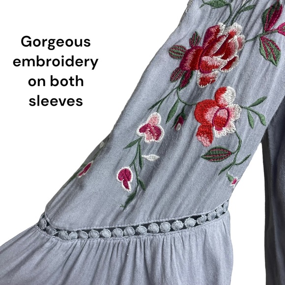 Umgee Womens Bohemian Blue/Gray Floral Embroidery Flowy Bell Sleeve Sz Small - Picture 10 of 15